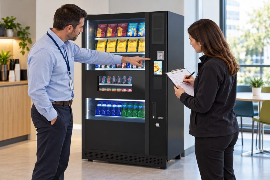 Buyer and supplier check a repeat vending order against the machine controls