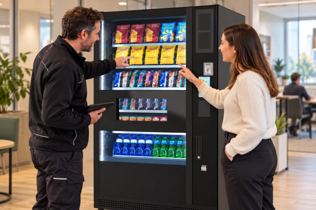 Operator helps a customer locate a snack in the vending display