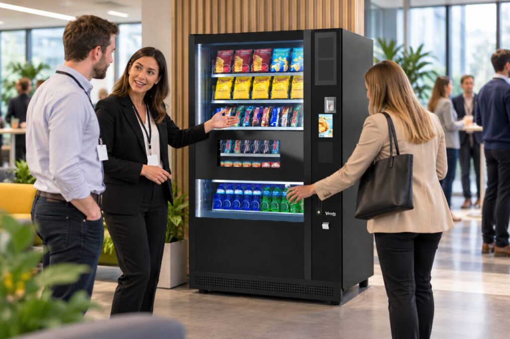 Office host explains vending choices to open-day visitors