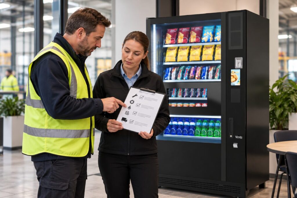 Site manager and supplier review a vending service allowance
