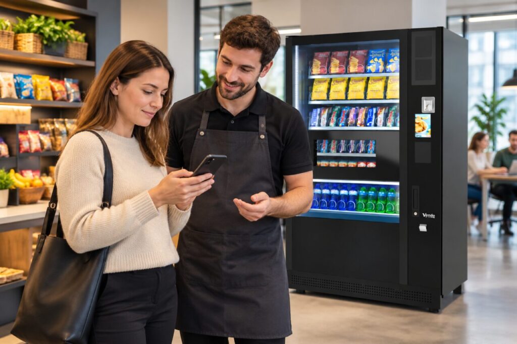 Customer and attendant review digital purchase proof beside vending and market shelves