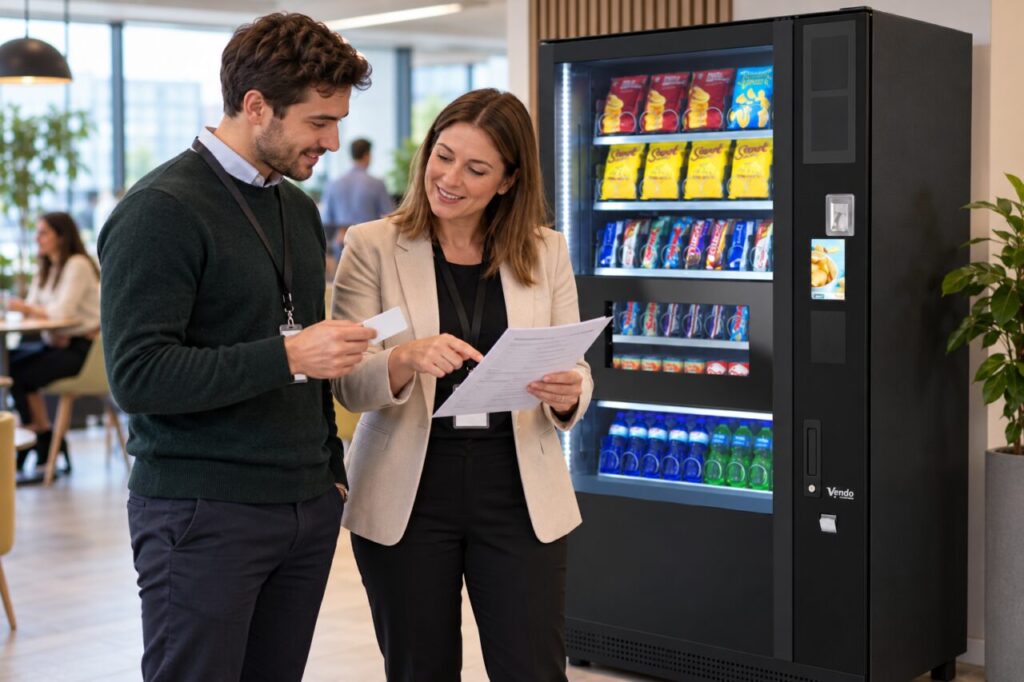 Employee and coordinator review an access card and team-transfer record beside vending