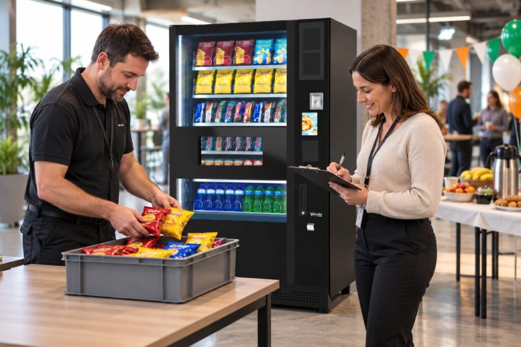 Operator counts vending stock into a tray for a site event