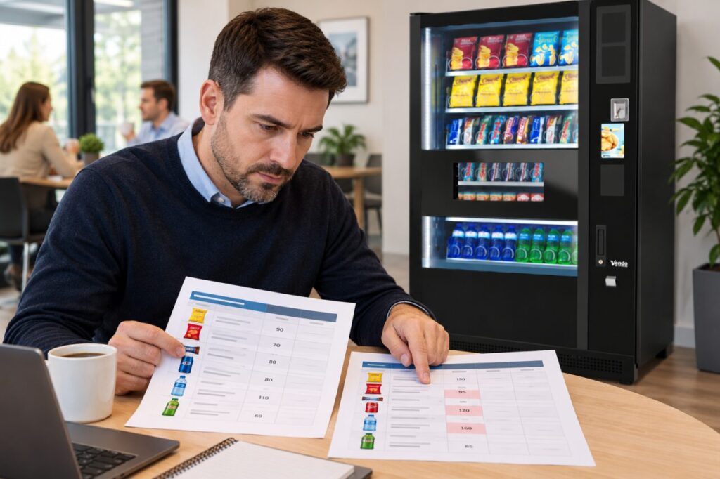 Owner compares cost quantities and rates beside a vending machine