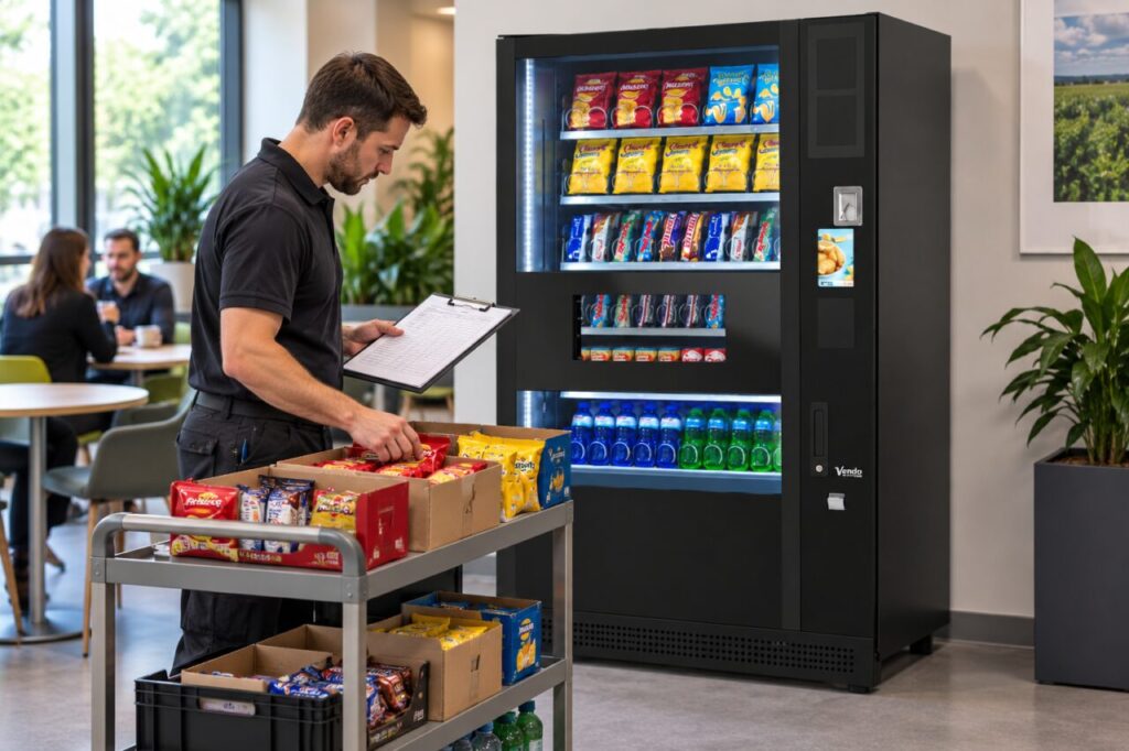 Operator checks part-used cases returned from a vending visit