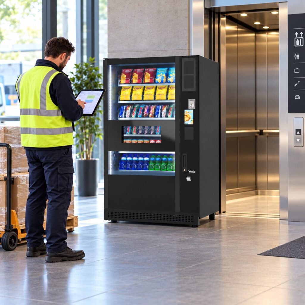Delivery coordinator reviews a lift reservation beside vending equipment