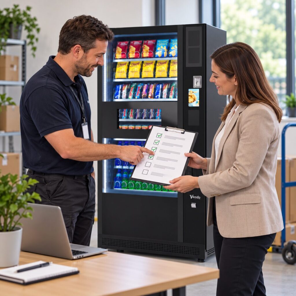Buyer and supplier compare agreed order documents beside vending equipment