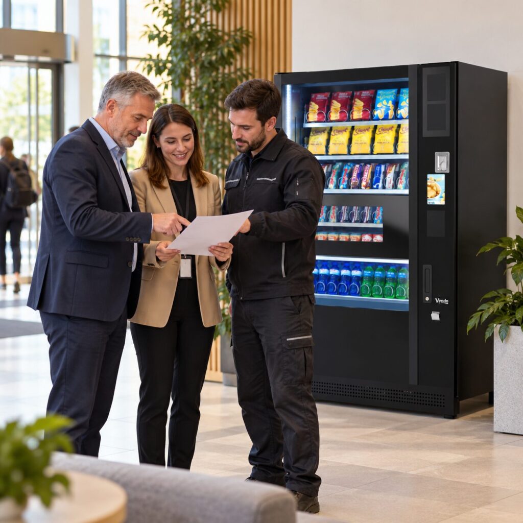 Building representatives agree responsibilities beside a shared vending machine