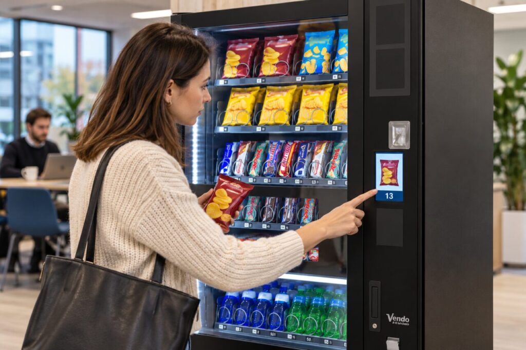 Customer compares a snack selection with the current vending display
