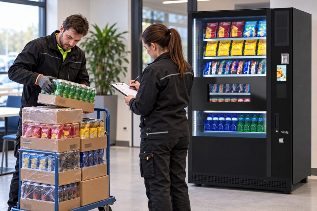 Operator and colleague count a vending stock delivery on a trolley