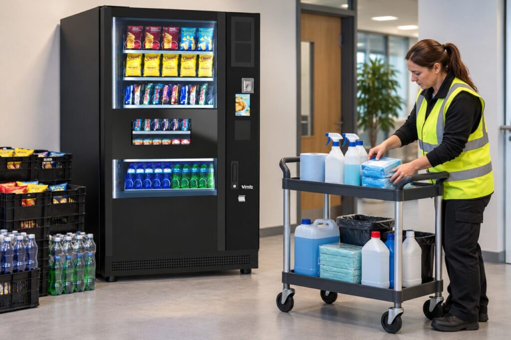 Operator keeps cleaning supplies on a separate trolley away from vending stock