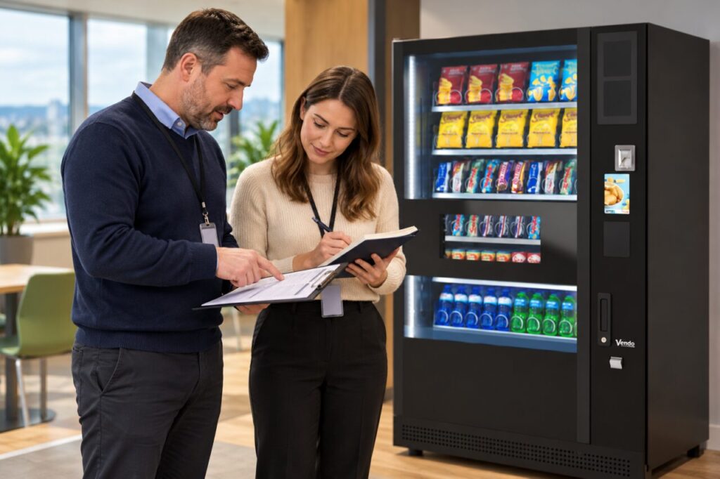 Buyer and colleague review service contact details beside vending