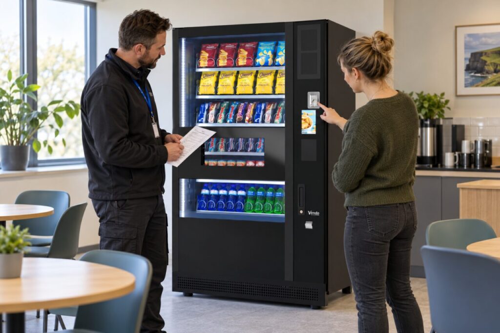 Trainer checks unfinished practical tasks with an operator beside a vending machine