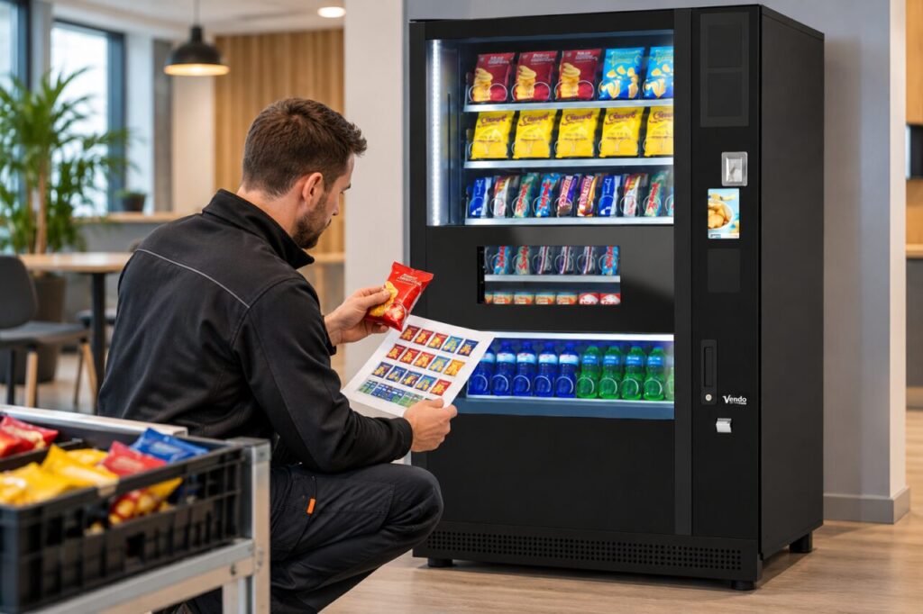 Operator and customer review a returning snack beside vending