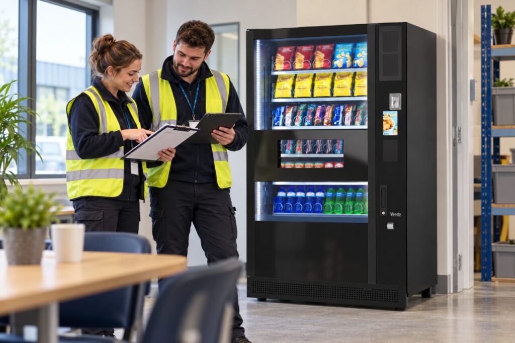Two shift representatives discuss break access beside a vending machine