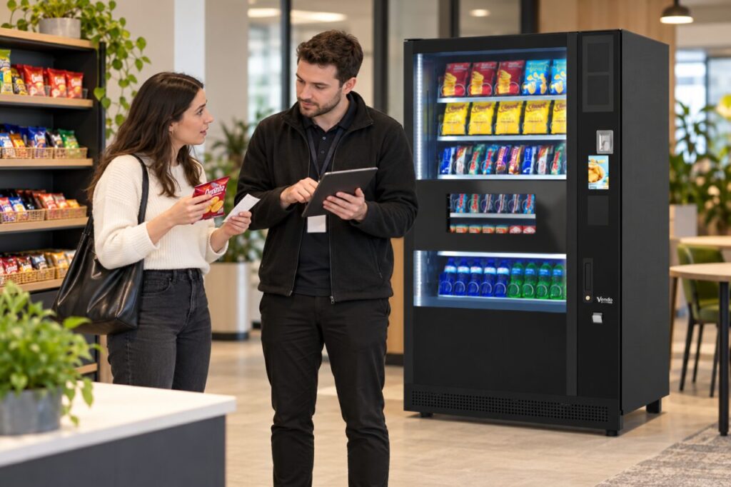 Customer holds a snack and receipt while an attendant checks a return enquiry beside vending