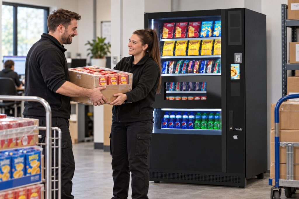 Operators hand over a case of vending snacks between branches