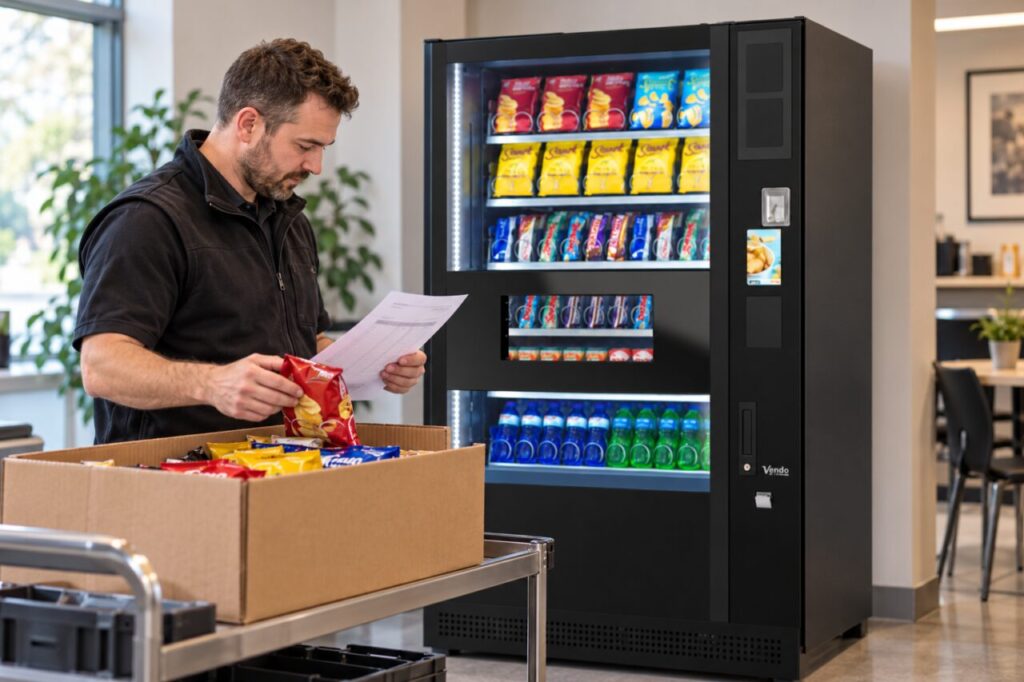 Operator checks replacement snack packs against supplier paperwork beside vending