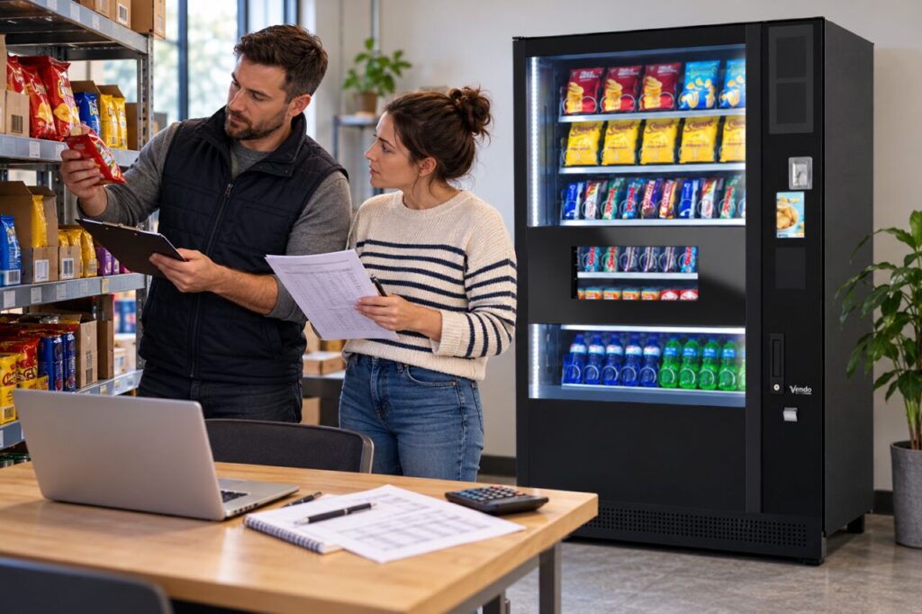 Operator and colleague review storage space and cost records beside vending