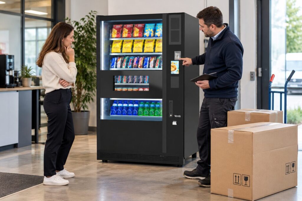Buyer and supplier check staged delivery cartons beside vending equipment