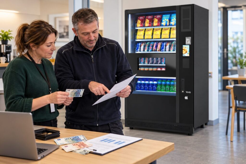 Owner and colleague compare sales records beside a vending machine
