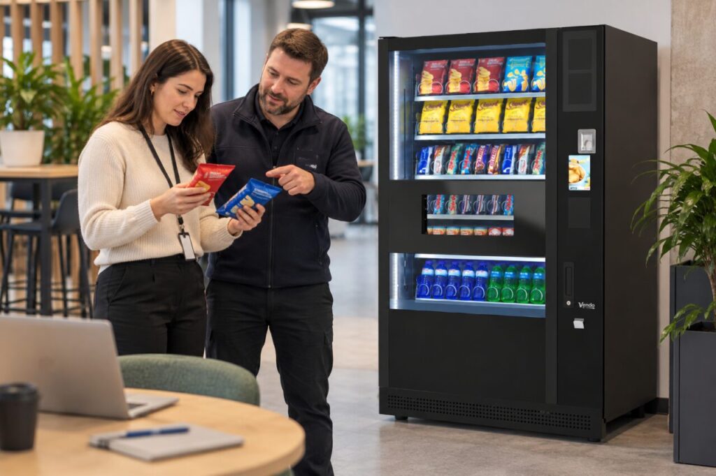 Operator and colleague compare the information on two snack packs beside vending