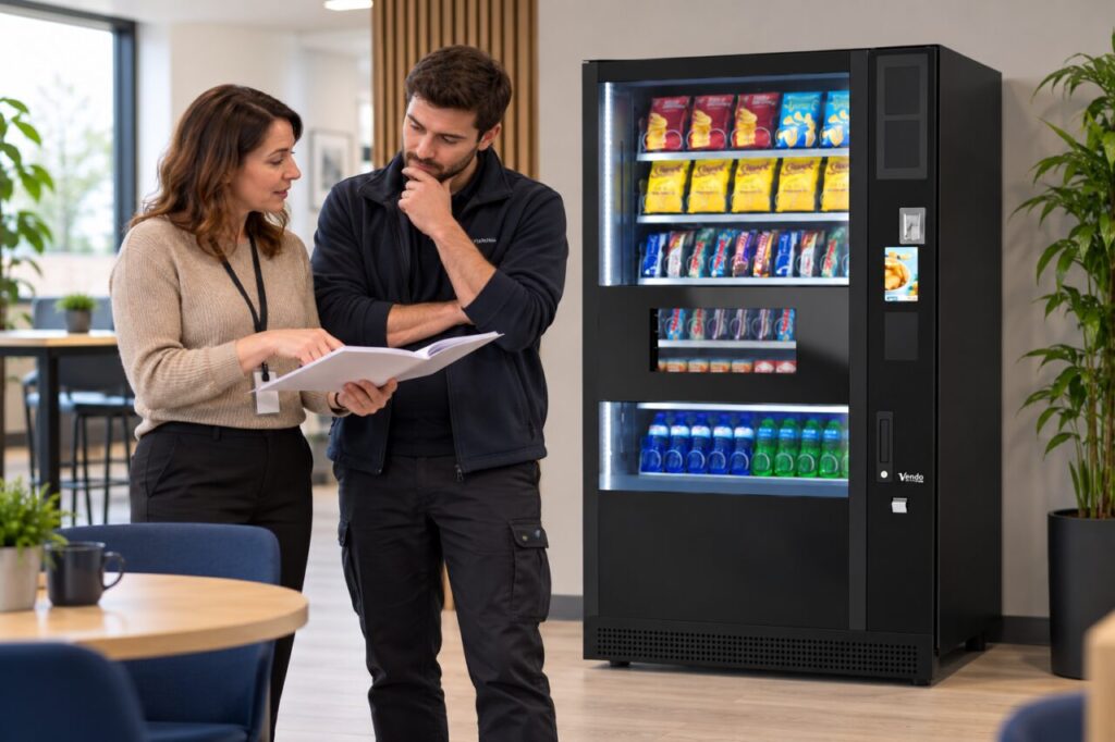 Site contact and operator review several incident records beside a vending machine