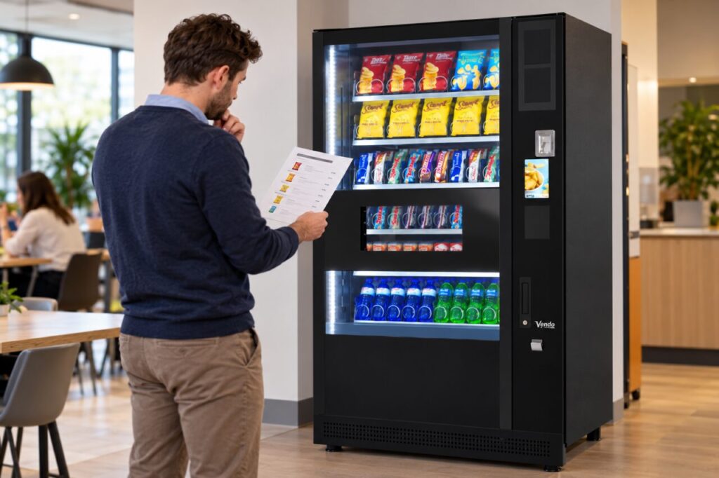 Customer compares a nearby notice with the vending machine display