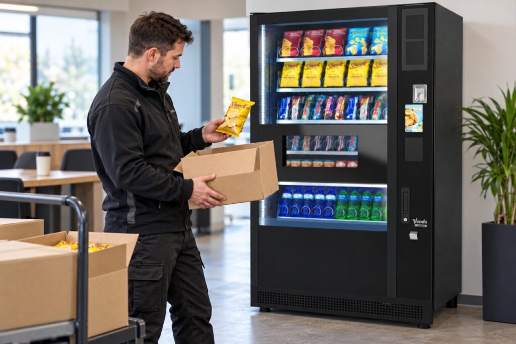 Operator checks an unidentified stock carton and individual packs beside vending