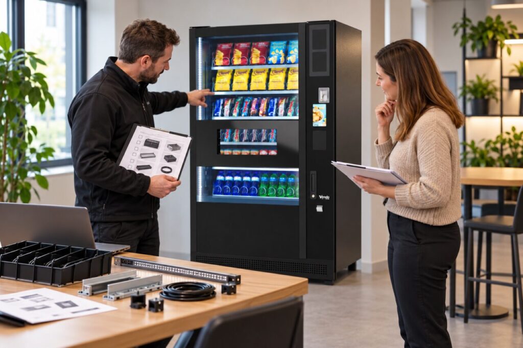 Buyer and supplier review separately supplied spare components beside vending