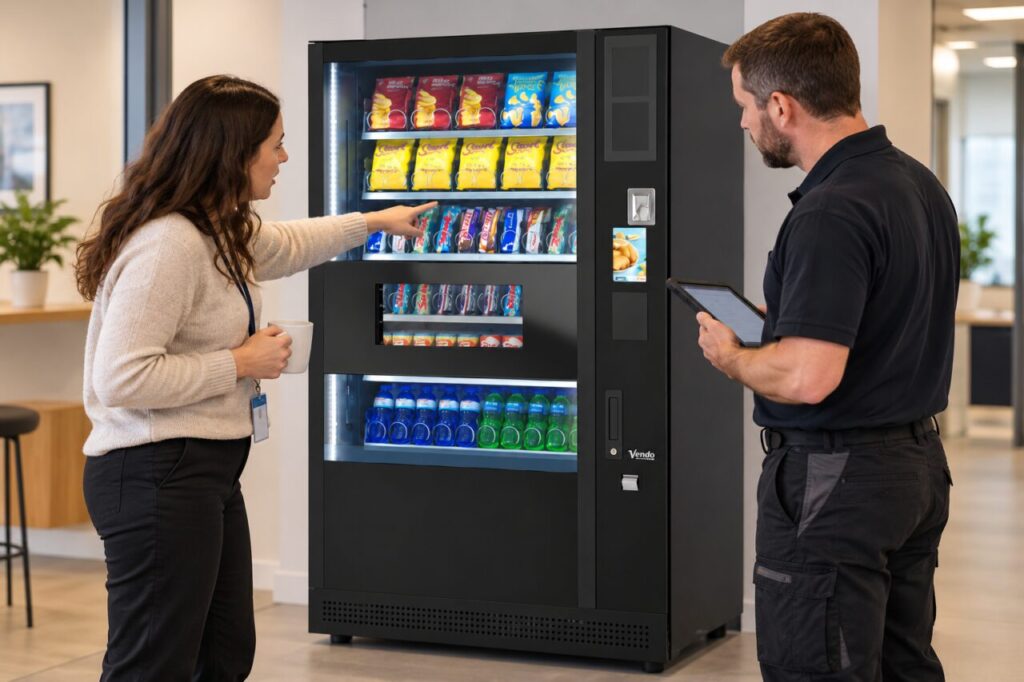 Operator and host review an intermittent fault report beside the machine