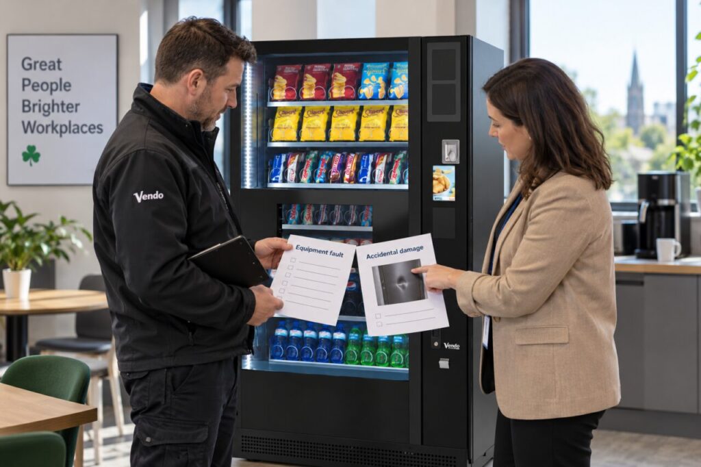 Buyer and provider review warranty fault and accidental-damage questions beside a vending machine