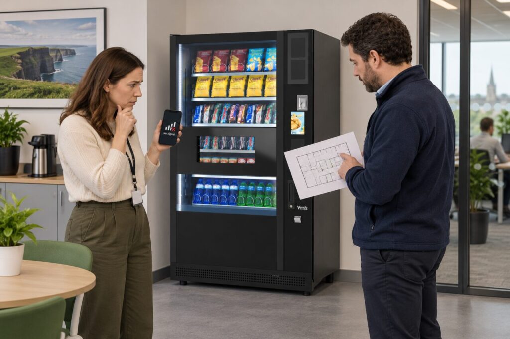 Buyer shows poor phone reception while a colleague reviews the vending floor plan