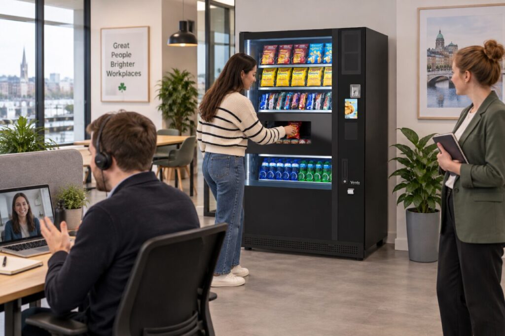 Planner observes a vending purchase beside an office video call
