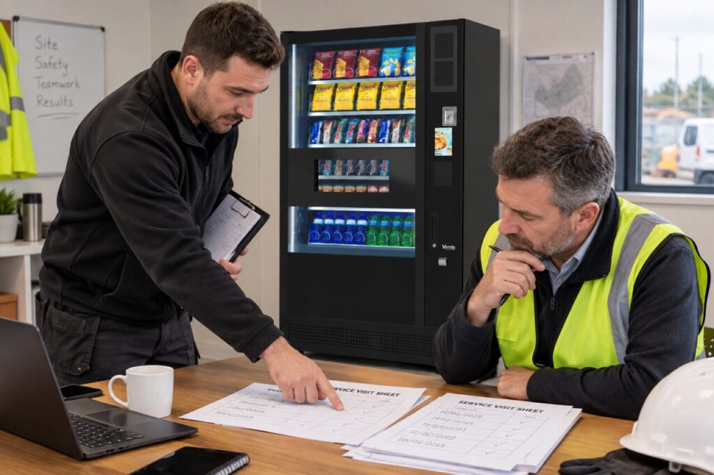 Manager and provider examine service visit records beside a vending machine
