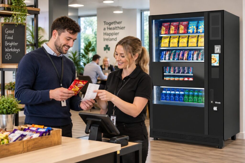 Customer and staff compare a snack pack with a micro-market receipt