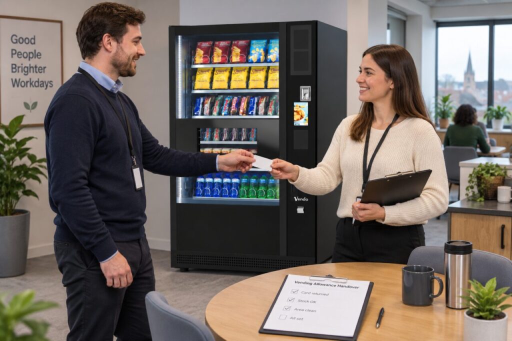 Staff member returns a vending allowance card to the workplace host