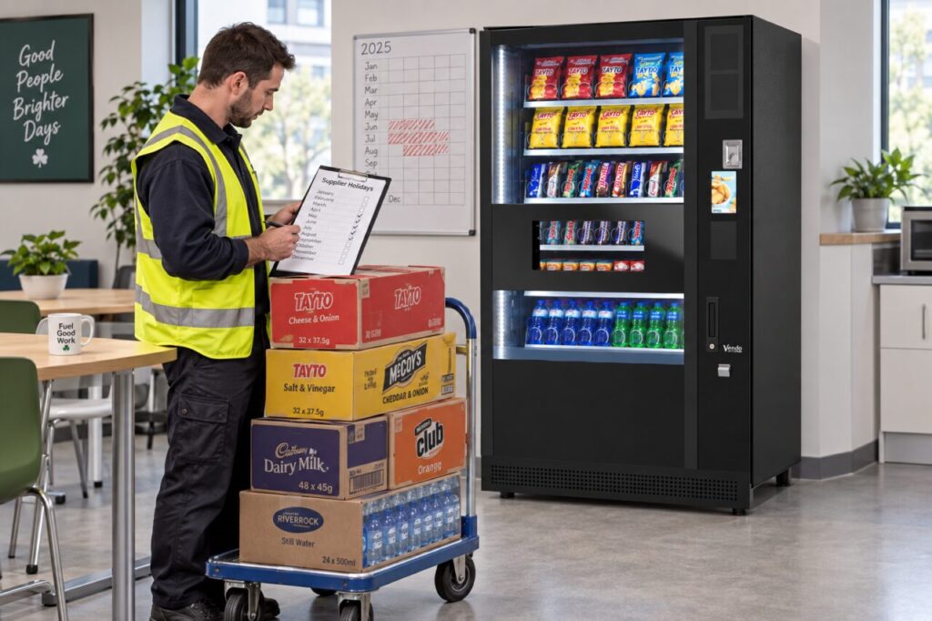 Operator reviews supplier holiday dates with stock beside the vending machine