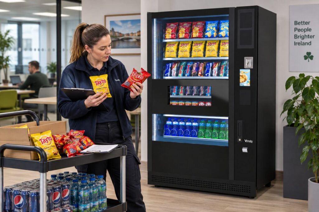 Operator compares intact and crushed snack packs beside a vending machine