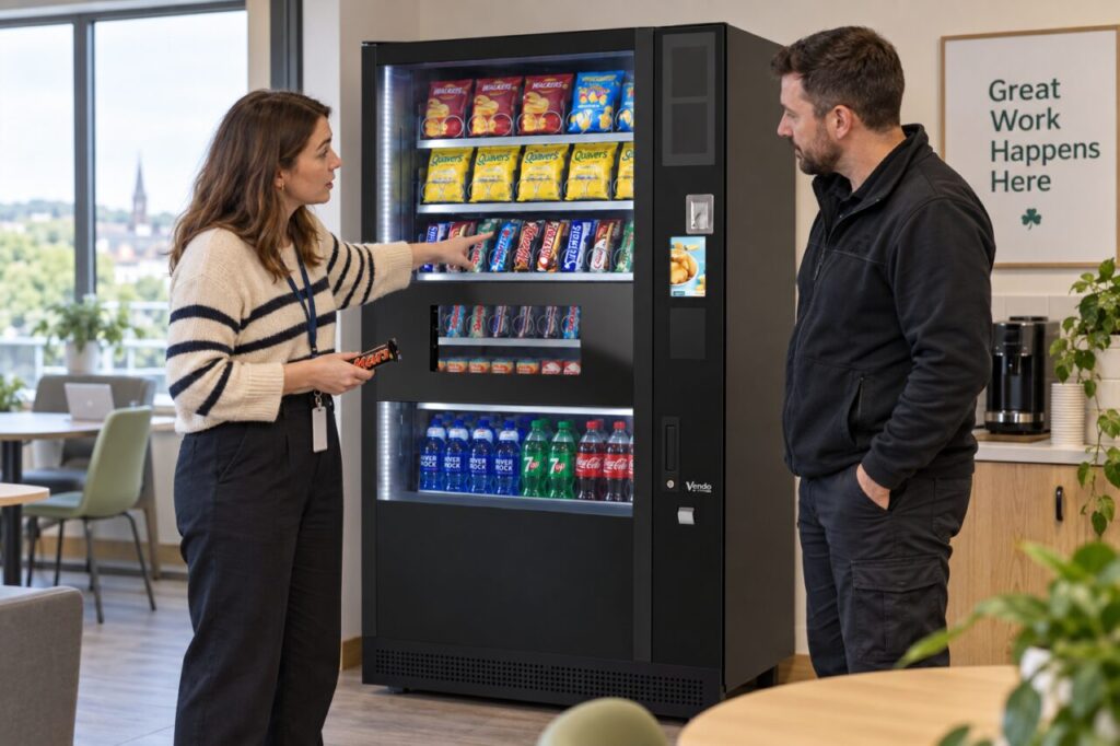 Customer explains an unintended chocolate selection to the vending host
