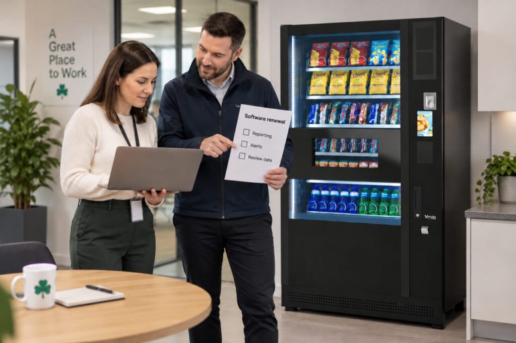 Buyer reviews a software renewal checklist beside a SandenVendo machine