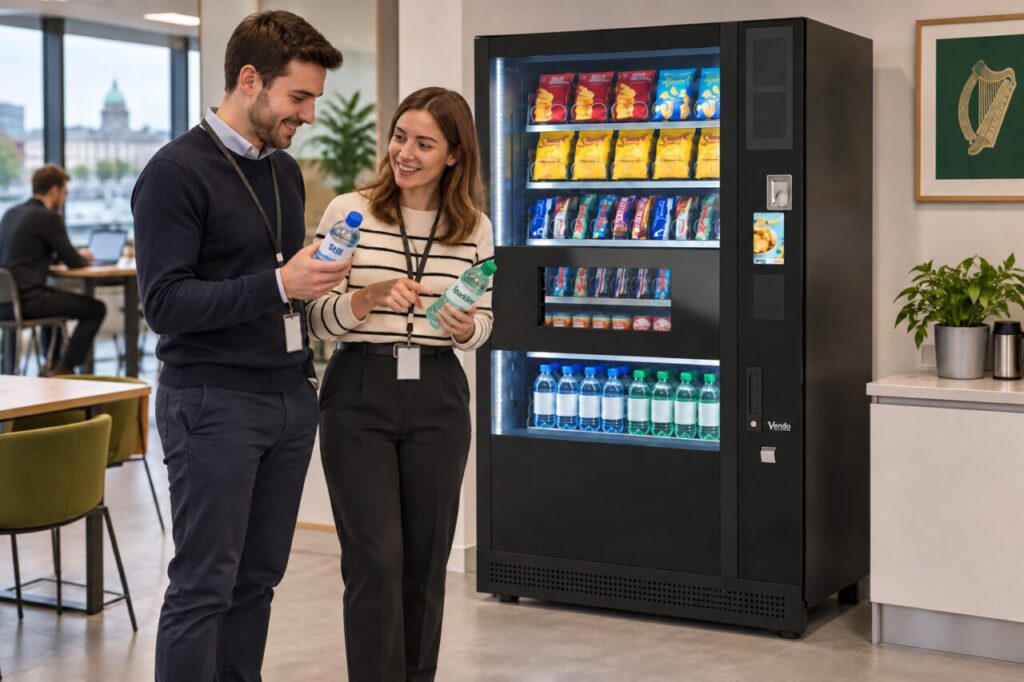 Customers compare bottles labelled Still and Sparkling beside a vending machine