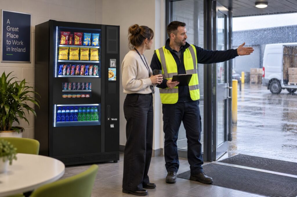 Delivery coordinator discusses a protected receiving area while rain falls outside