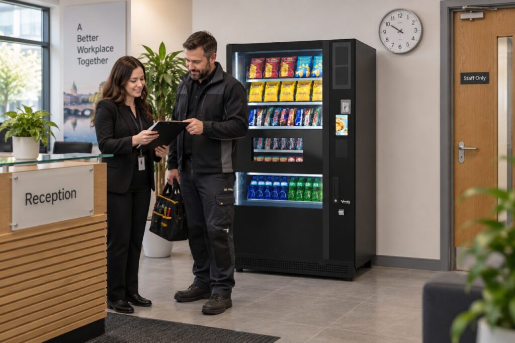 Reception host checks an authorised vending visit beside a staff-only entrance