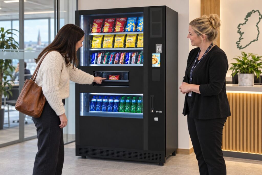 Customer points to a forgotten snack in the vending collection opening
