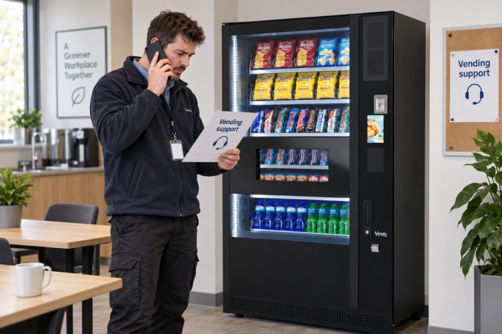 Host checks the vending support route by phone beside the machine