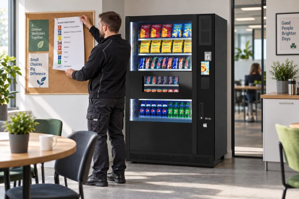 Operator replaces a snack selection notice beside the vending machine