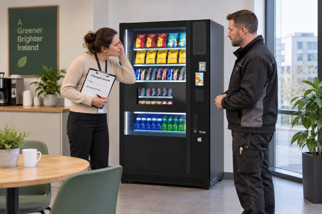 Host listens for a changed vending-machine sound and records observations