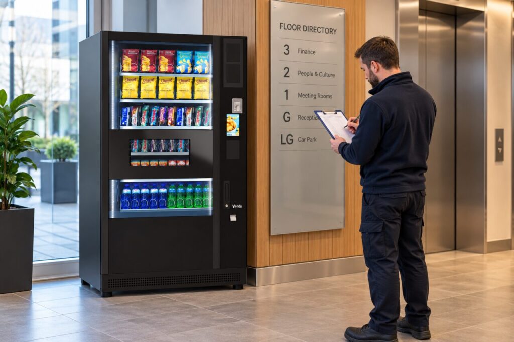 Facilities colleague recording vending availability beside an office floor directory