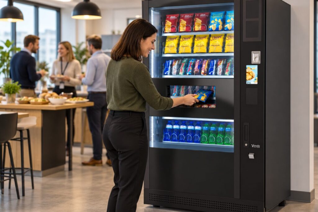 Employee collecting a vending snack while a catered office lunch takes place
